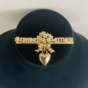 Gold Tone Grandmother Pin Dangling Heart Flower Bouquet Ribbon Brooch